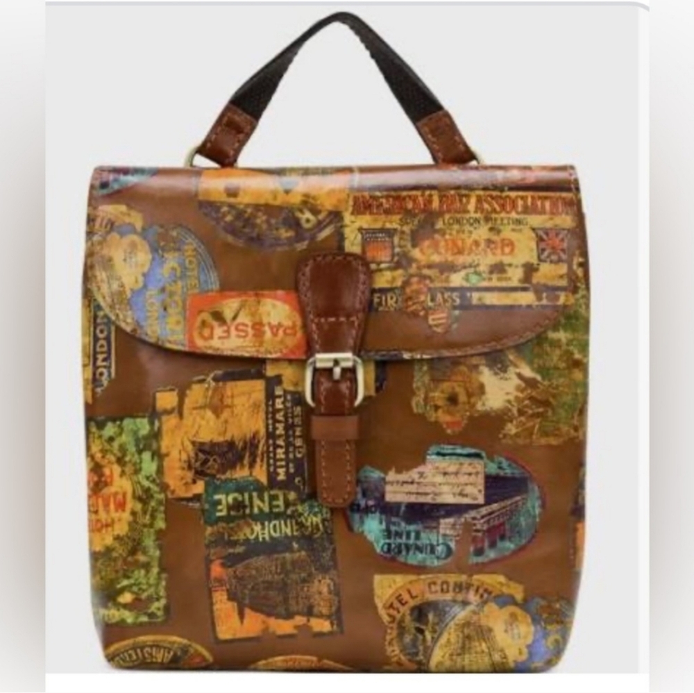 Patricia Nash Brown Multi-Color Printed Leather Backpack
